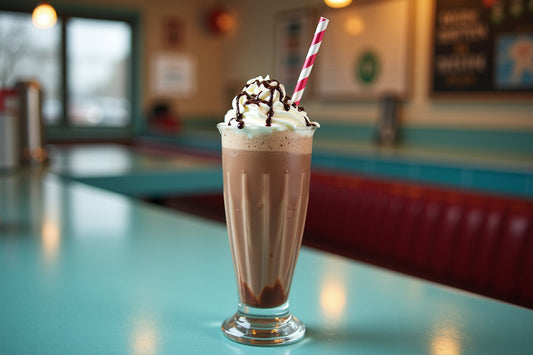 A tall glass chocolate milkshake with whipped cream and a striped straw on a diner counter