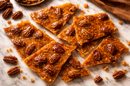 Hand-pulled pecan brittle with whole roasted mini pecans from Durham's in Comanche, Texas, showing dark amber candy with pecans laid flat across the surface