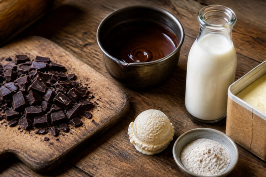 Chopped dark chocolate on a board, a small pot of melted chocolate, a glass bottle of milk, a scoop of vanilla ice cream, and a dish of malted milk powder on a wooden kitchen table.