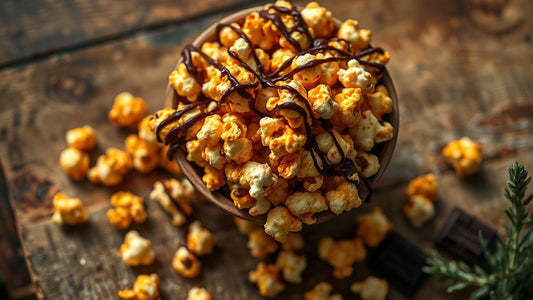 Overhead view of caramel popcorn drizzled with dark chocolate in a wooden bowl