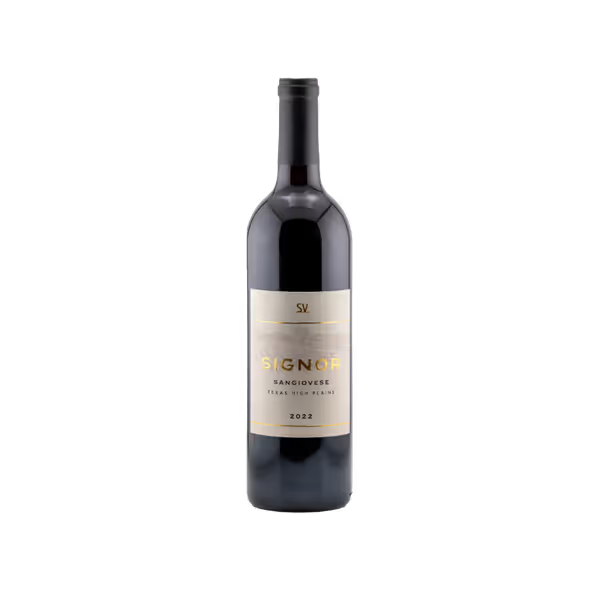 A bottle of Hill Country Chocolate’s Signor Vineyards 2022 High Plains Sangiovese stands against a plain white background, featuring a light-colored label and black cap; Double Gold Award Winner.
