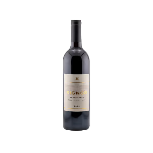 A bottle of Hill Country Chocolate’s Signor Vineyards 2022 High Plains Sangiovese stands against a plain white background, featuring a light-colored label and black cap; Double Gold Award Winner.