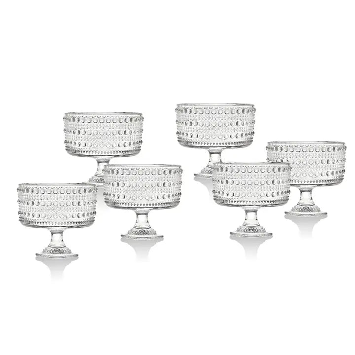 Six Beaded Crystal Taster bowls from Hill Country Chocolate, expertly crafted in unleaded crystal with a textured dot pattern and short pedestal bases, are arranged in two rows against a white background—a perfect example of contemporary tableware.