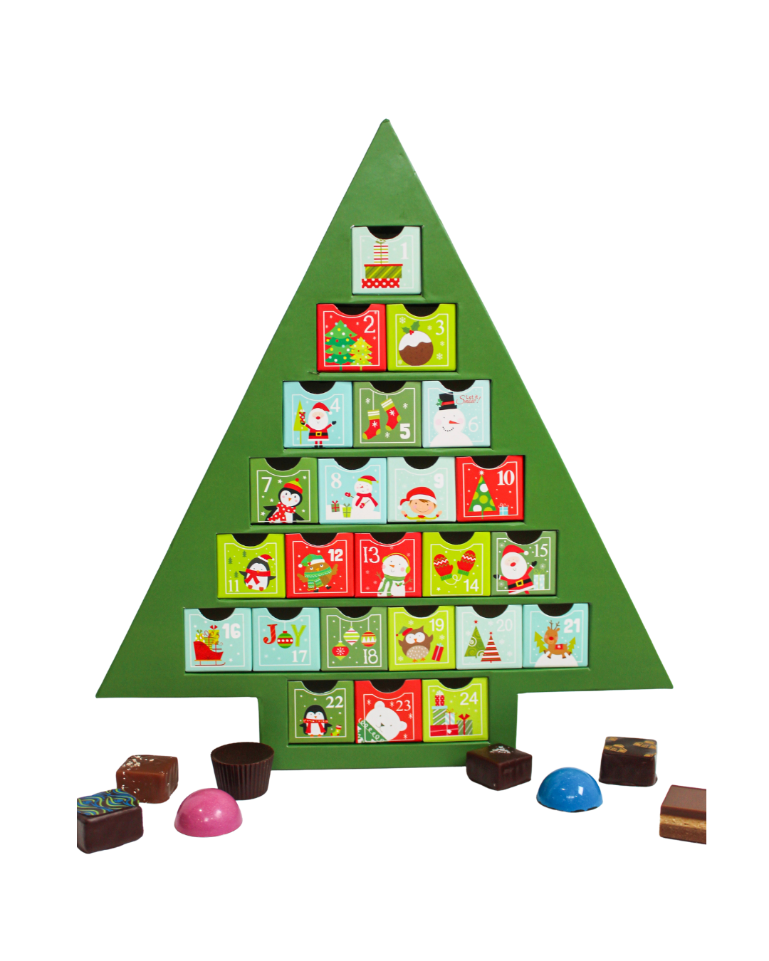 Hill Country Chocolate Advent Calendar for Kids shaped like a Christmas tree, with 24 numbered drawers featuring colorful holiday illustrations and assorted chocolates.