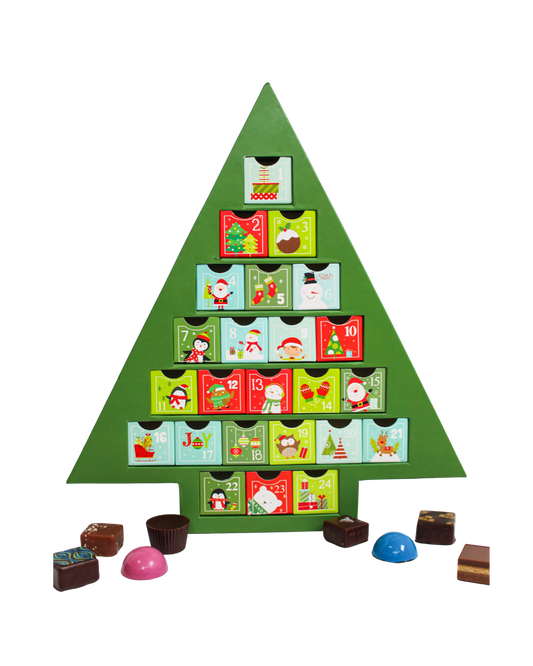 Hill Country Chocolate Advent Calendar for Kids shaped like a Christmas tree, with 24 numbered drawers featuring colorful holiday illustrations and assorted chocolates.