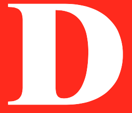 A red and white logo with the letter d.