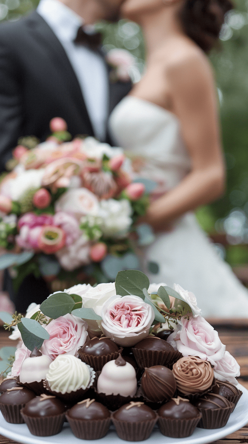 A bride and groom are kissing in the background, with a focus on a display of assorted chocolates and pink roses in the foreground.