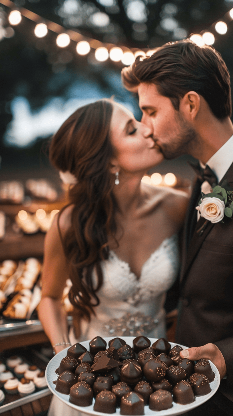 A bride and groom kiss while holding a plate of chocolates at an outdoor, string-lit reception.