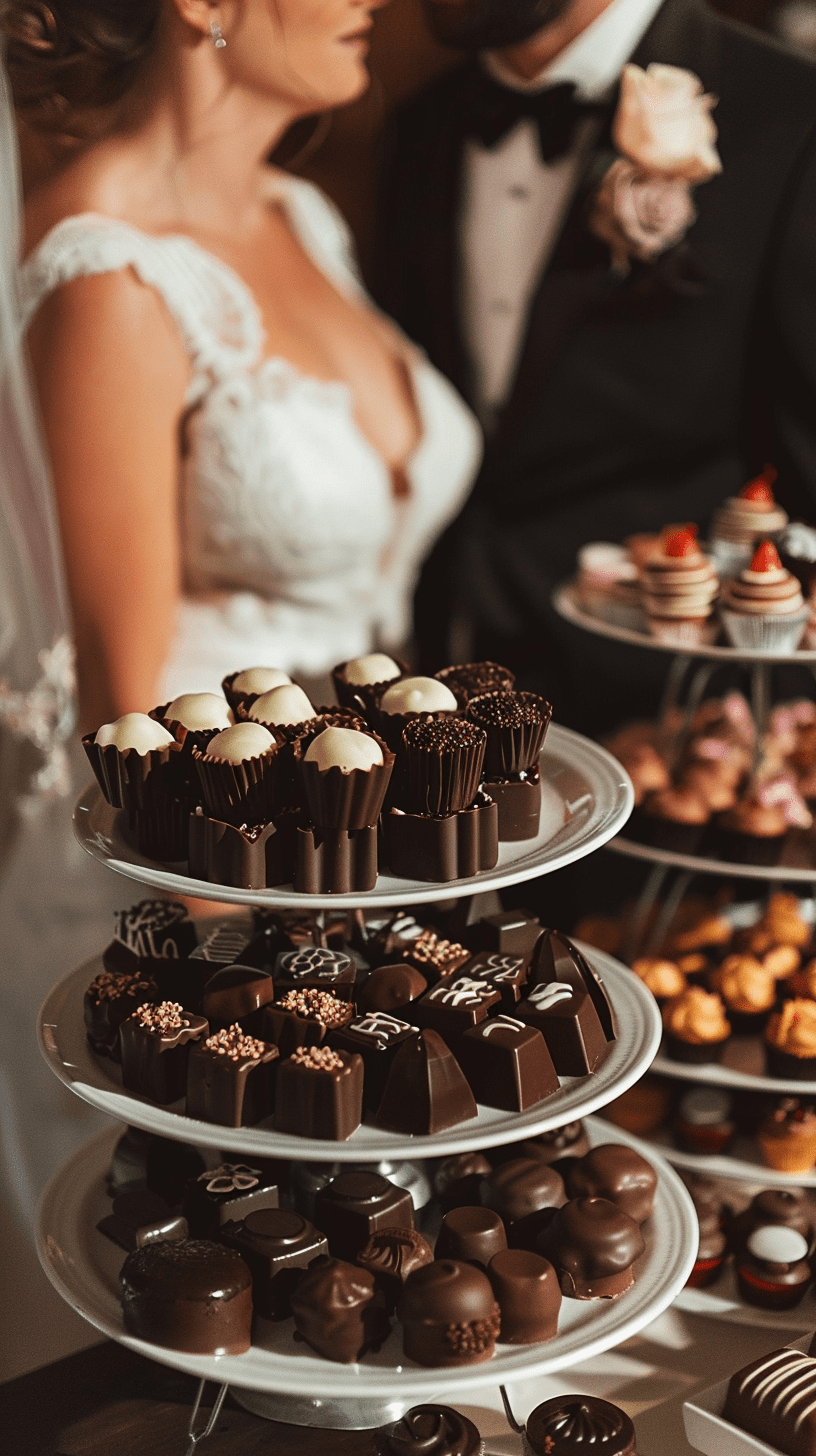A tiered stand filled with assorted chocolates is in the foreground, while a bride and groom in wedding attire stand closely together in the background.
