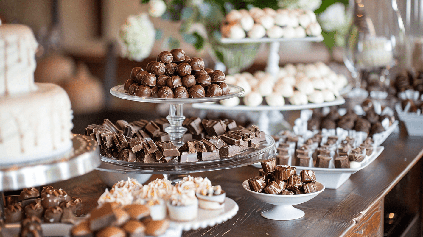 A dessert table with an assortment of chocolates, truffles, and sweets arranged on various stands and plates.