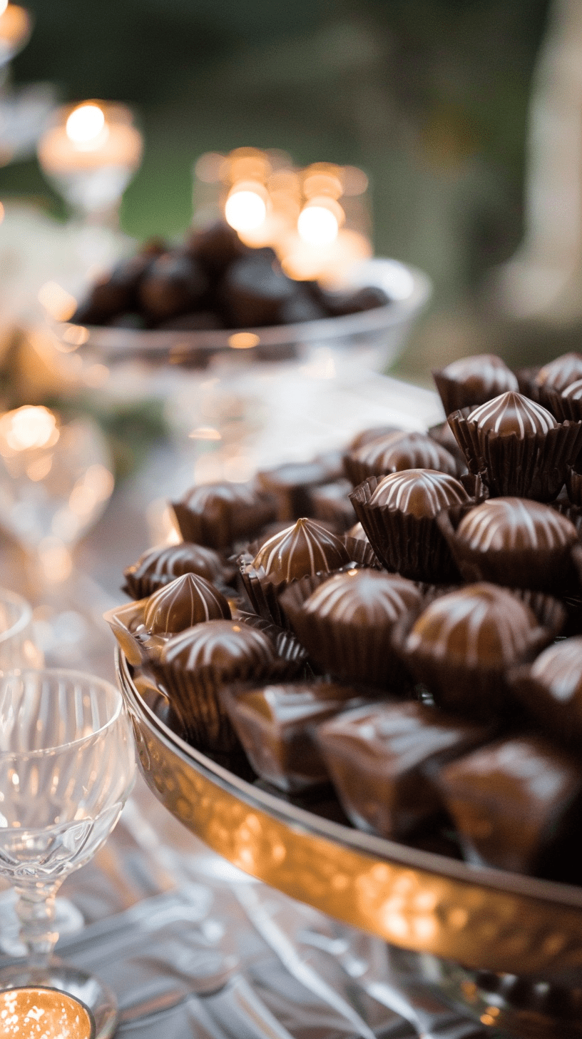 A close-up of a dessert table with several trays of chocolate truffles, some in focus in the foreground and others blurred in the background.