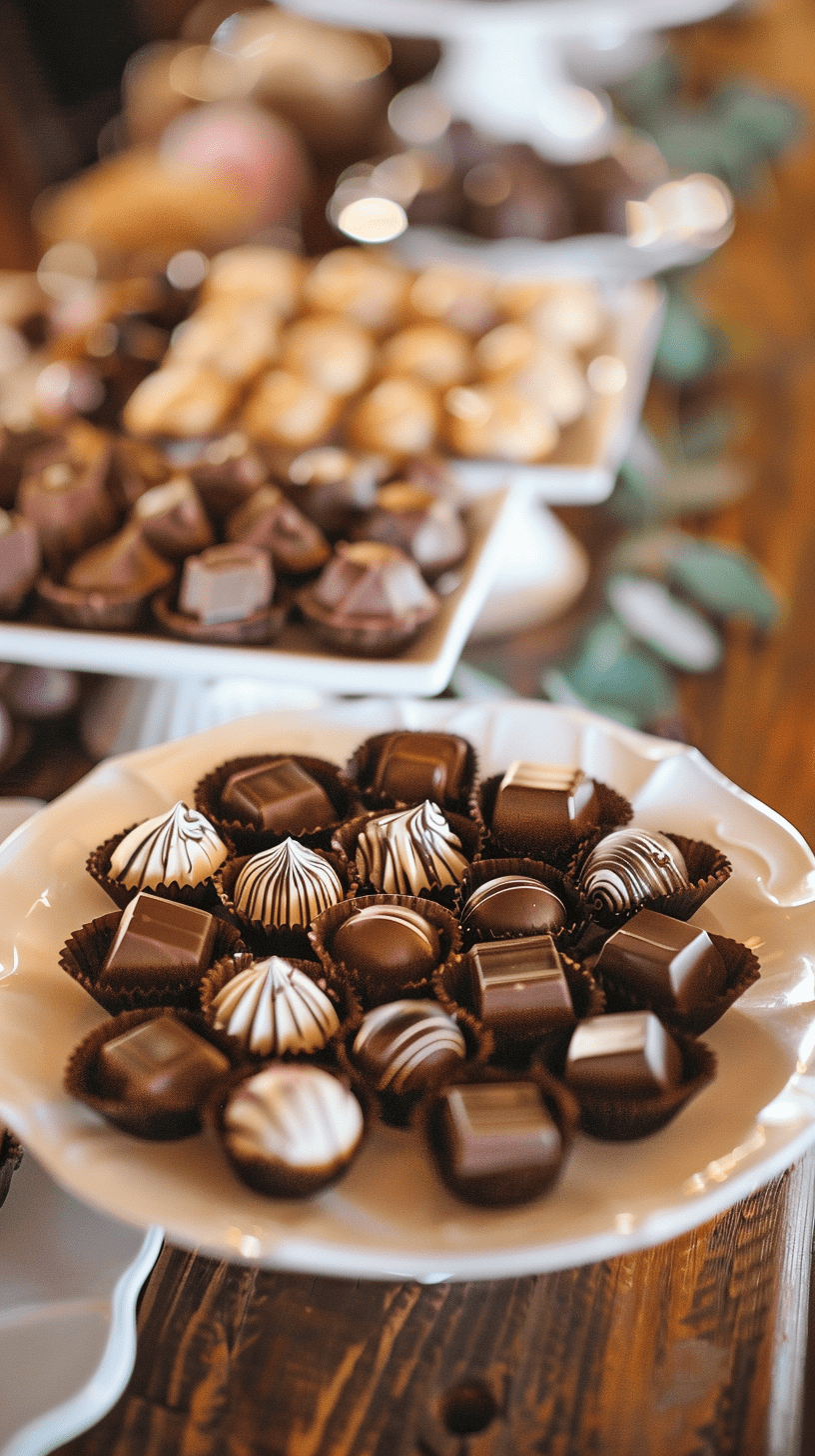A white plate with assorted chocolates, including striped, swirl, and plain varieties. More chocolates are visible in the background on a wooden table.
