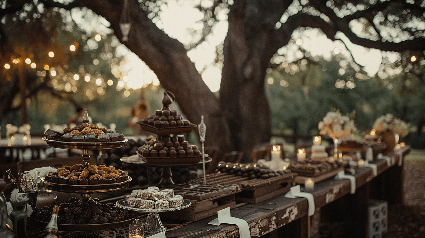 An outdoor dessert table features an array of sweets, including chocolates and pastries. The setting is decorated with fairy lights and surrounded by trees.